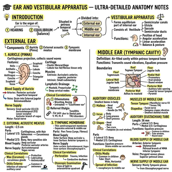 Detailed anatomy diagram of the ear: external ear, middle ear with the auditory ossicles, inner ear and vestibular apparatus, with blood and nerve supply labelled.