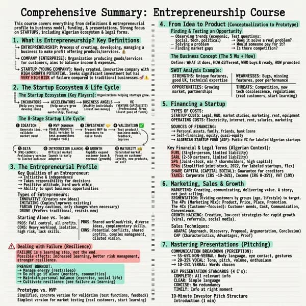 Infographic summarising an entrepreneurship course: the startup ecosystem, the eight-stage startup life cycle, the entrepreneurial profile, financing and pitching.