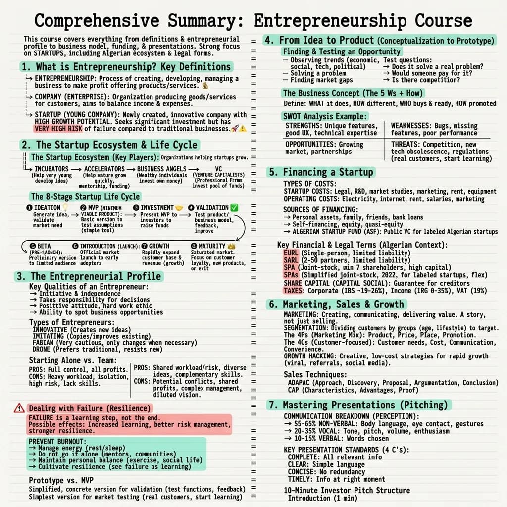 Infographic summarising an entrepreneurship course: the startup ecosystem, the eight-stage startup life cycle, the entrepreneurial profile, financing and pitching.