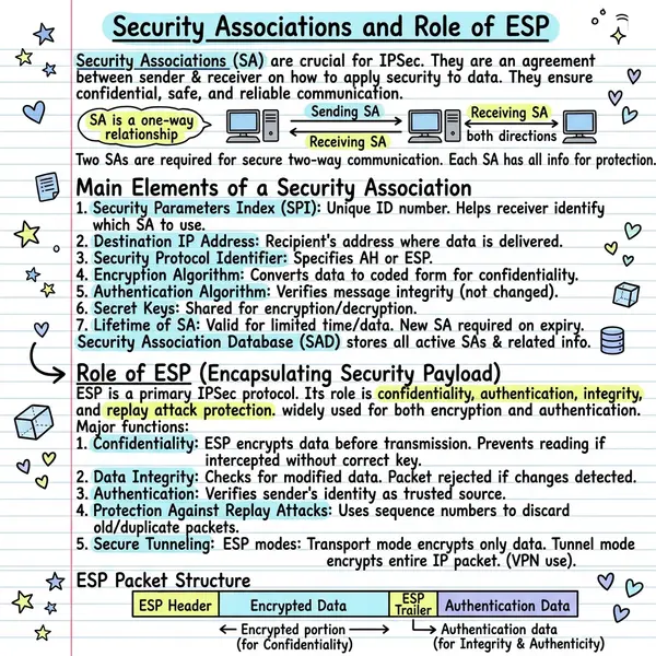 Diagram explaining IPSec Security Associations and the Encapsulating Security Payload, including SA elements, the Security Association Database, and ESP in transport and tunnel mode.