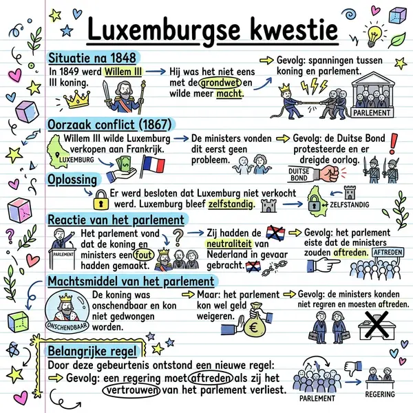 Visual notes on the Luxembourg Question showing the 1867 conflict between King William III and the Dutch parliament and the rule of ministerial responsibility.