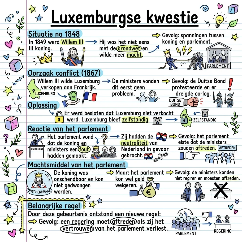 Visual notes on the Luxembourg Question showing the 1867 conflict between King William III and the Dutch parliament and the rule of ministerial responsibility.