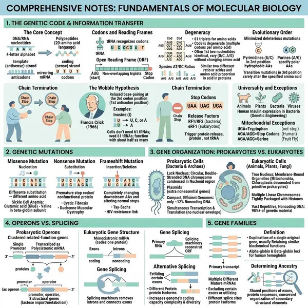 Infographic of molecular biology fundamentals covering the genetic code, types of mutation, prokaryotic and eukaryotic gene organisation, and DNA structure.