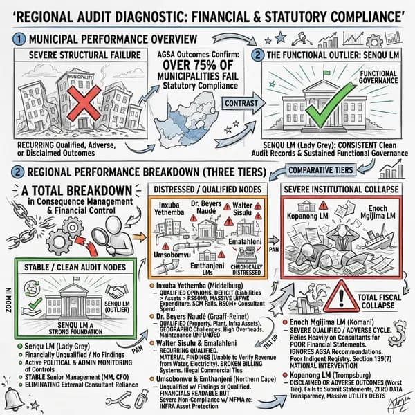 Visual summary of a regional municipal audit diagnostic showing three performance tiers, statutory compliance breaches, and strategic interventions.