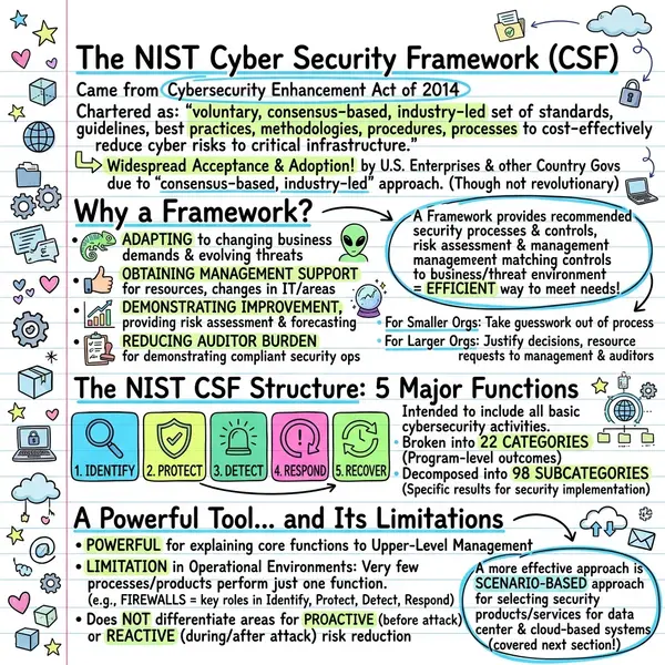Diagram of the NIST Cybersecurity Framework showing the five core functions: identify, protect, detect, respond and recover.