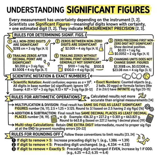 Infographic of significant figures rules: how to count significant digits, scientific notation, rules for multiplication and division, addition and subtraction, and rounding off.