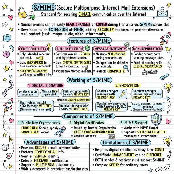 Diagram of S/MIME email security showing digital signature and encryption workflows, public-key cryptography, digital certificates, and its advantages and limitations.
