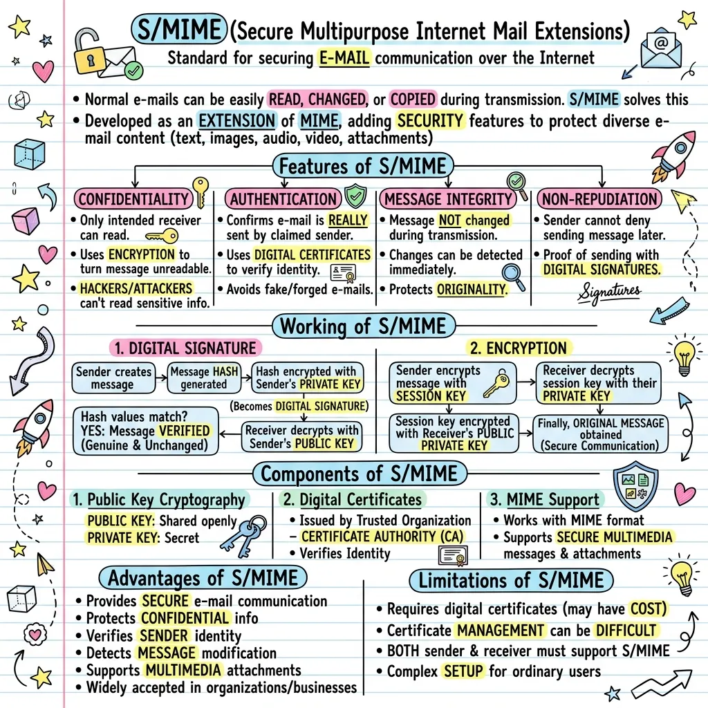 Diagram of S/MIME email security showing digital signature and encryption workflows, public-key cryptography, digital certificates, and its advantages and limitations.