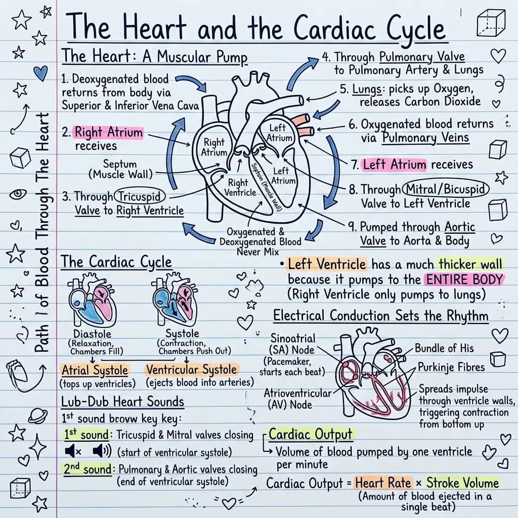 Cardiology notes turned into a hand drawn sketchnote of the heart, its four chambers, the four valves and the cardiac cycle
