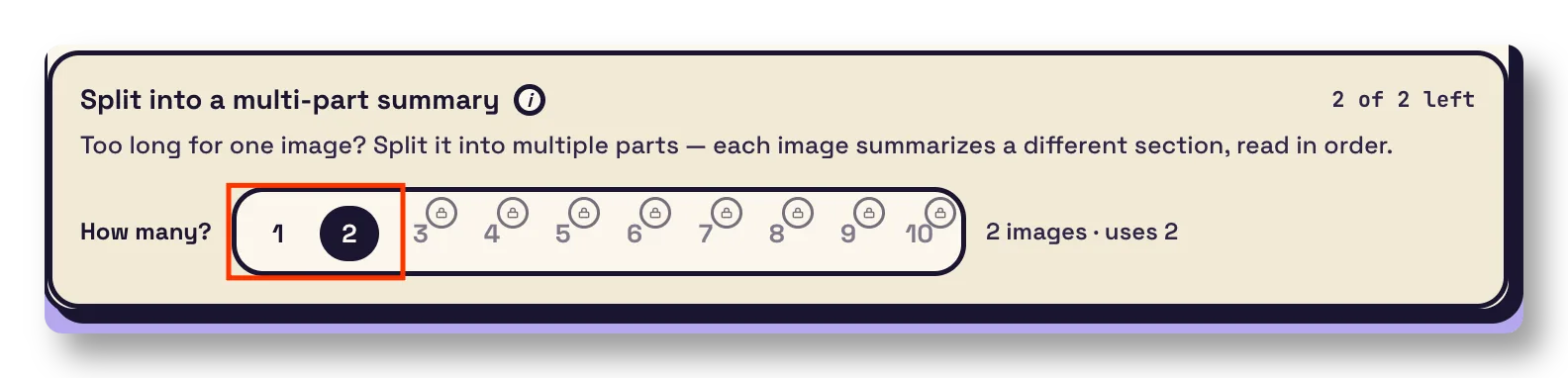 The Split control — pick how many parts to divide your content into