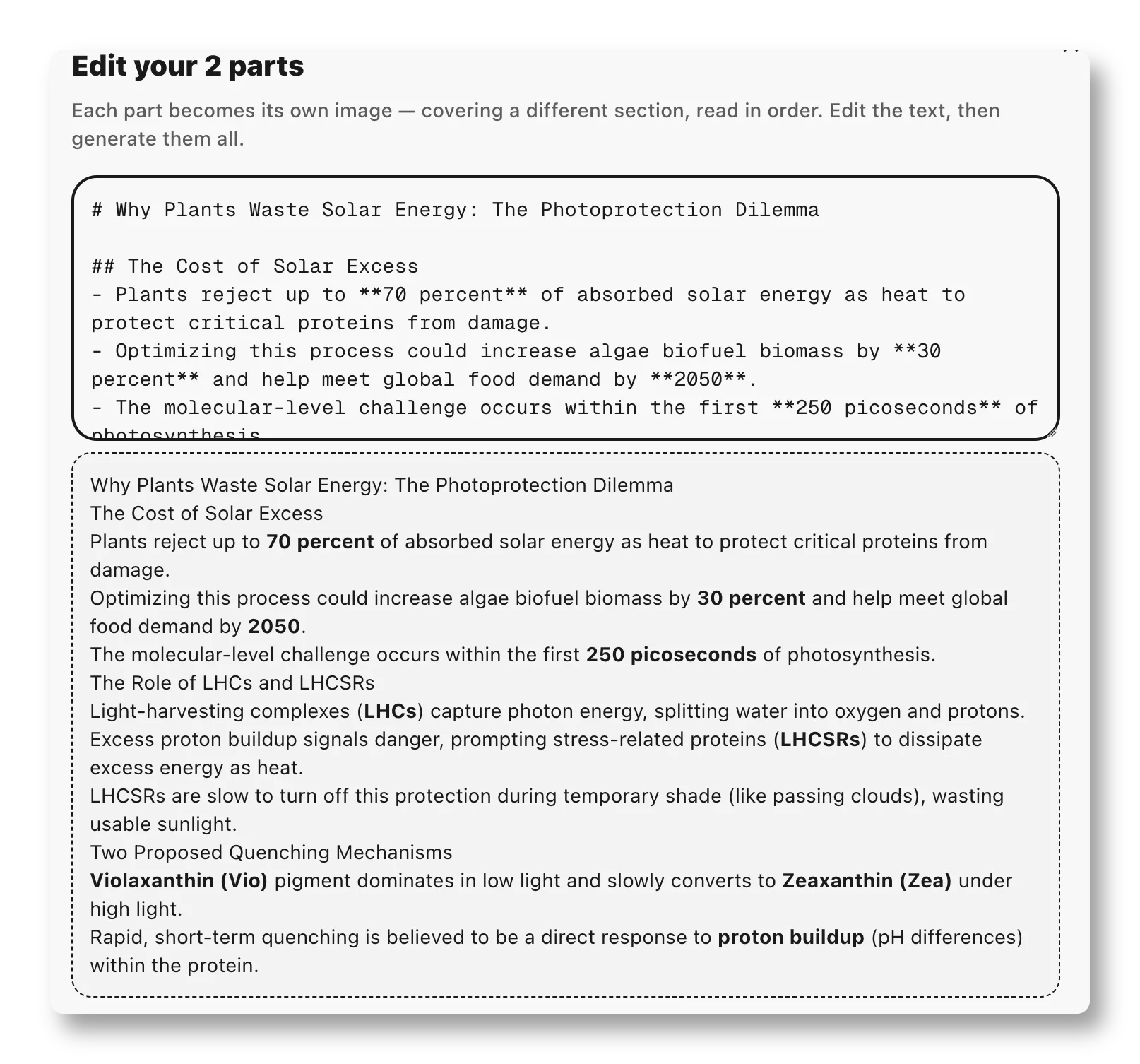 The AI splits the source into clean, formatted sections you can edit